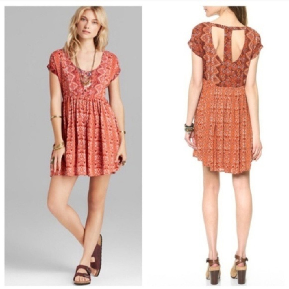 Free People Orange Tribal Sundown Open Back Dress